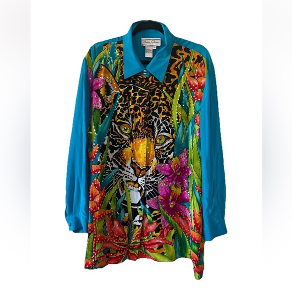 Diane Gilman Women's VTG silk Blue tiger Blouse Size 3X - Picture 7 of 14